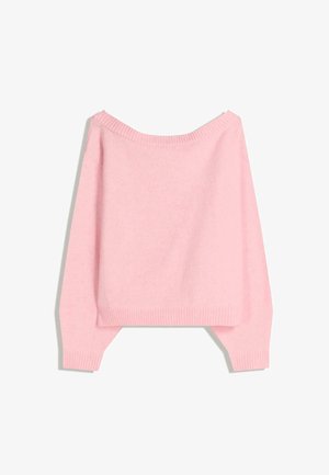 Pull rose pâle à manches longues avec large encolure bateau et poignets et ourlet côtelés, présenté à plat sur un fond blanc.
