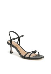 Sandalietto nero con cinturini, tacco a stiletto sottile e punta quadrata, dotato di cinturini sottili e fibbia alla caviglia regolabile. Finitura in pelle liscia.