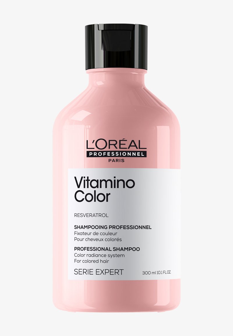 Flacon rose de shampooing L'Oréal Professionnel Vitamino Color, 300 ml, pour cheveux colorés avec resvératrol, ligne Série Expert.