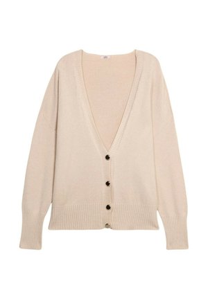 Cardigan beige con scollo a V, maniche lunghe, polsini e orlo a coste, e quattro bottoni scuri a contrasto lungo la parte anteriore.