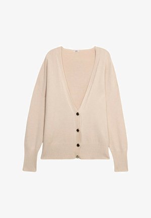 Cárdigan beige de cuello en V con mangas largas, puños y dobladillo acanalados, y cuatro botones oscuros en contraste en la parte delantera.