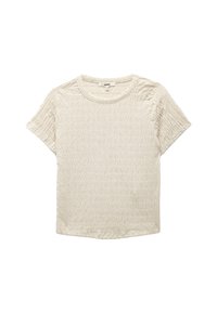 Maglietta a maniche corte color crema con un motivo testurizzato e increspato. Presenta un colletto rotondo e una vestibilità rilassata. Materiale in tessuto morbido.