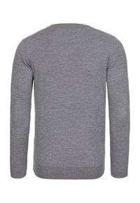 Grå tröja med lång ärm tillverkad av mjukt, texturerat tyg. Har en klassisk rund halsringning samt ribbad fåll och muddar. Visas bakifrån.