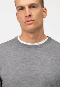 Grau melierter Rundhalspullover aus weichem, strukturiertem Stoff, über einem weißen Hemd getragen. Nahaufnahme des Ausschnitts und des oberen Brustbereichs.