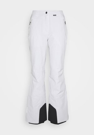 Pantalones de esquí blancos con un corte recto, fabricados con material duradero, con bolsillos con cremallera y detalles en negro en la parte inferior de las piernas.