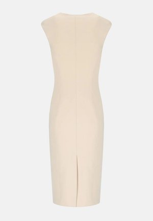 Abito beige senza maniche, lunghezza al ginocchio, con cucitura centrale sul retro e spacco sull'orlo.