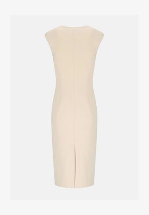 Abito beige senza maniche, lunghezza al ginocchio, con cucitura centrale sul retro e spacco sull'orlo.