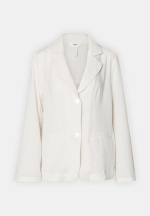 Hvid, tekstureret blazer med slået krave, lange ærmer og to forlommer. Afsluttet med to knapper og en lidt cropped søm.