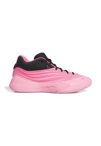 Pink athletic shoe with black accents, textured upper, flat laces, and a curved sole. Features layered detailing and a prominent logo.