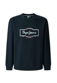 Felpa di un blu navy scuro realizzata in cotone, con polsini e orlo a costine. Presenta un logo in stile vintage bianco e rosso sul davanti: "Pepe Jeans London."
