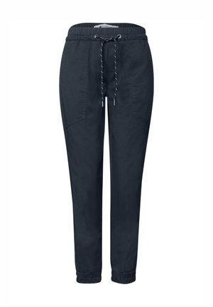 Pantalones jogger azul marino oscuro con cintura elástica, cordón negro y blanco, bolsillos frontales en ángulo y puños elásticos en los tobillos.