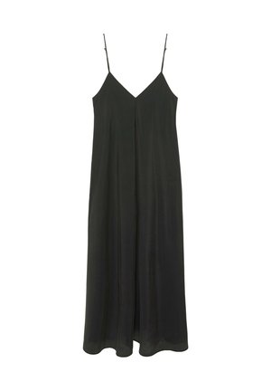 Robe midi noire sans manches avec fines bretelles ajustables et une couture frontale au centre, suspendue sur fond blanc.