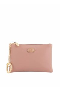 Pink textured leather pouch with a gold zipper and chain accent. Features a round logo on the front. Compact and rectangular shape.