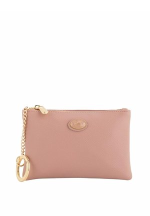 Pink textured leather pouch with a gold zipper and chain accent. Features a round logo on the front. Compact and rectangular shape.
