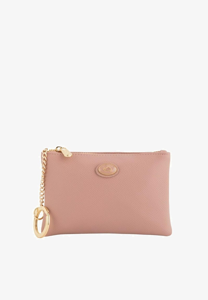 Pink textured leather pouch with a gold zipper and chain accent. Features a round logo on the front. Compact and rectangular shape.