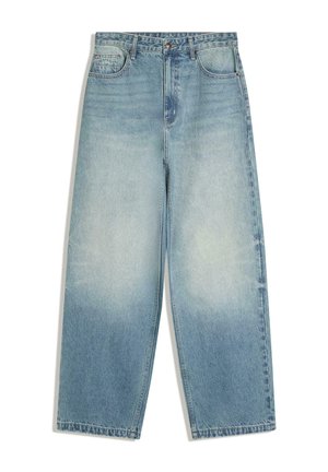 Světle modré džíny s vysokým pasem a širokými nohavicemi, se sepraným vzhledem, předním zapínáním na knoflíky a pětiprstovým designem kapes.