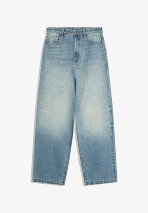 Svetlo modre kavbojke z visokim pasom in širokimi hlačnicami, z izpranim videzom, z zaponko na gumbe spredaj in z zasnovo s petimi žepi.