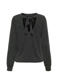 Zwarte blouse met lange mouwen en een strikdetail bij de halslijn, met een gestructureerd patroon en een iets ruime pasvorm.