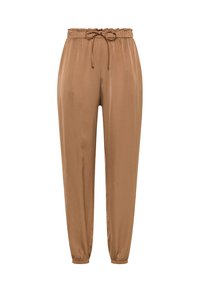 Brune, lette bukser med snøre i taljen og elastiske manchetter. Glat tekstur med en afslappet pasform uden synlige mønstre eller detaljer.