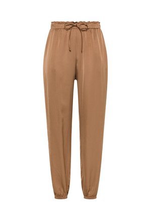 Brune, lette bukser med snøre i taljen og elastiske manchetter. Glat tekstur med en afslappet pasform uden synlige mønstre eller detaljer.