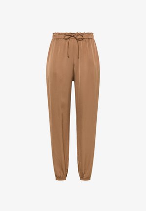 Brune, lette bukser med snøre i taljen og elastiske manchetter. Glat tekstur med en afslappet pasform uden synlige mønstre eller detaljer.