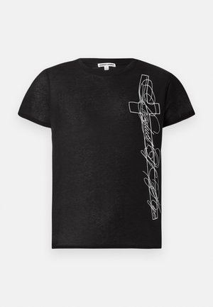 Black short-sleeve T-shirt made of soft fabric, featuring white embroidered graphic of a cross and stylized text on the left side.