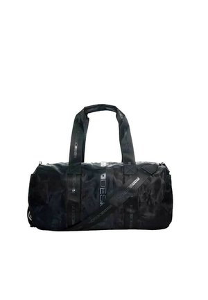 Black cylindrical duffel bag with two handles and an adjustable shoulder strap, featuring subtle branded text on straps and surface.