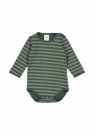Bodystocking z długim rękawem w ciemnozielonym kolorze z kremowymi poziomymi paskami. Posiada zapięcie na napy na dole oraz okrągły dekolt. Wykonany z miękkiego materiału bawełnianego.