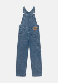 Overoles de denim en azul claro, con tirantes ajustables, un bolsillo frontal en el pecho y múltiples bolsillos traseros. Etiqueta de la marca en la cintura.