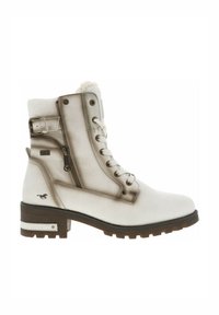 Lichtbeige leren enkelboot met een witte nepbontkraag, vetersluiting aan de voorkant, een zijrits en een getextureerde rubberen zool. Bevat metalen accenten.