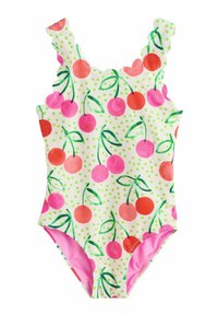 Costume da bagno intero bianco con stampa di ciliegie rosa, foglie verdi e pois. Presenta spalline scallop e una fodera rosa sulle gambe.