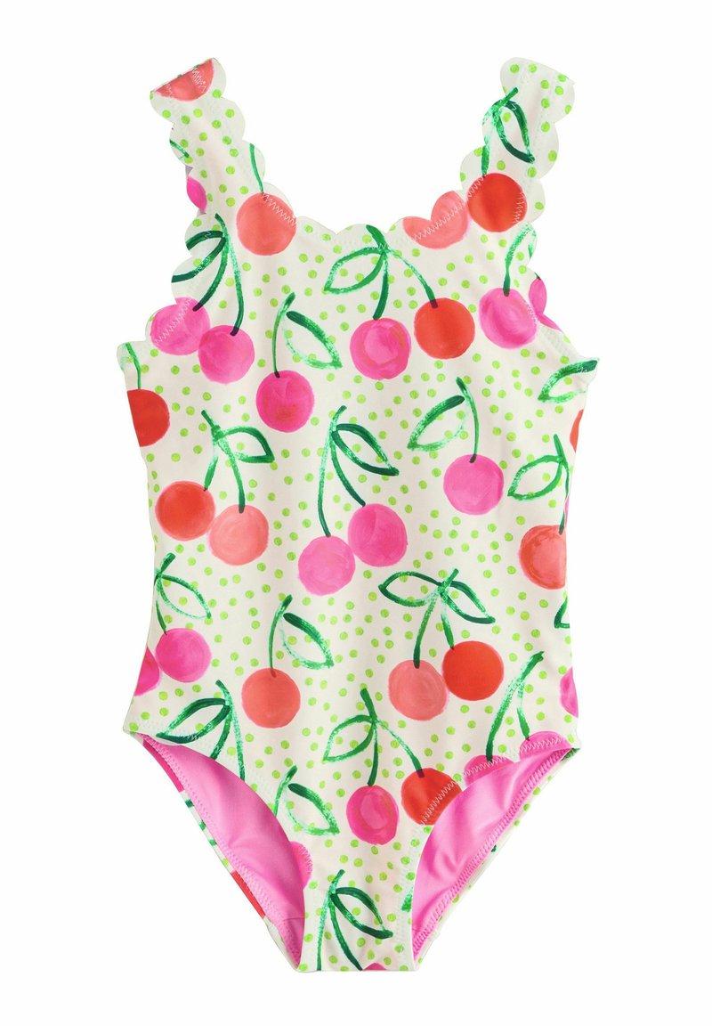 Costume da bagno intero bianco con stampa di ciliegie rosa, foglie verdi e pois. Presenta spalline scallop e una fodera rosa sulle gambe.