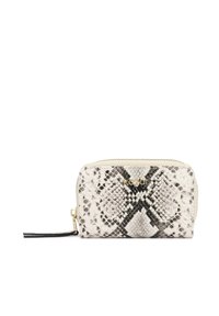 Portefeuille Python en tons blanc et noir, présentant un logo doré, une fermeture éclair et un motif texturé rappelant la peau de serpent.