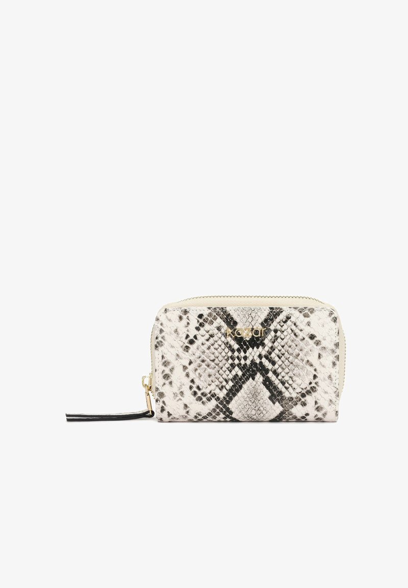 Portefeuille Python en tons blanc et noir, présentant un logo doré, une fermeture éclair et un motif texturé rappelant la peau de serpent.