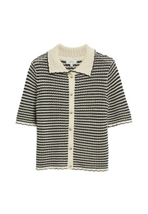 Schwarz-weiß gestreifte Strickjacke mit kurzen Ärmeln, cremefarbenem Kragen, Knopfleiste und geschwungenem Saum und Ärmelabschlüssen.