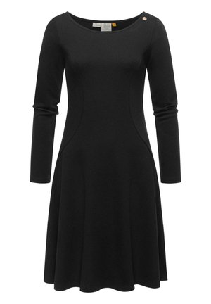 Black long-sleeve dress with a fitted bodice and flared skirt. Features a round neckline and subtle stitching detail near the shoulder.