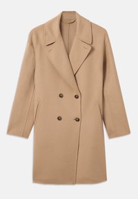 Cappotto doppiopetto beige in lana con ampi rever, quattro bottoni scuri e due tasche frontali inclinate, esposto piatto su uno sfondo bianco.