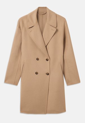 Beige wool double-breasted coat with wide lapels, four dark buttons, and two slanted front pockets, displayed flat on a white background.