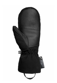Schwarze wasserdichte Handschuhe aus Leder und Stoff. Verfügt über einen eng anliegenden Handgelenkbund und eine strukturierte Handfläche für besseren Grip. Verstellbarer Riemen an der Basis.