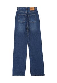 Blue denim jeans with a straight-leg cut, five-pocket design, and leather brand patch on the back waistband.  Frayed hems.
