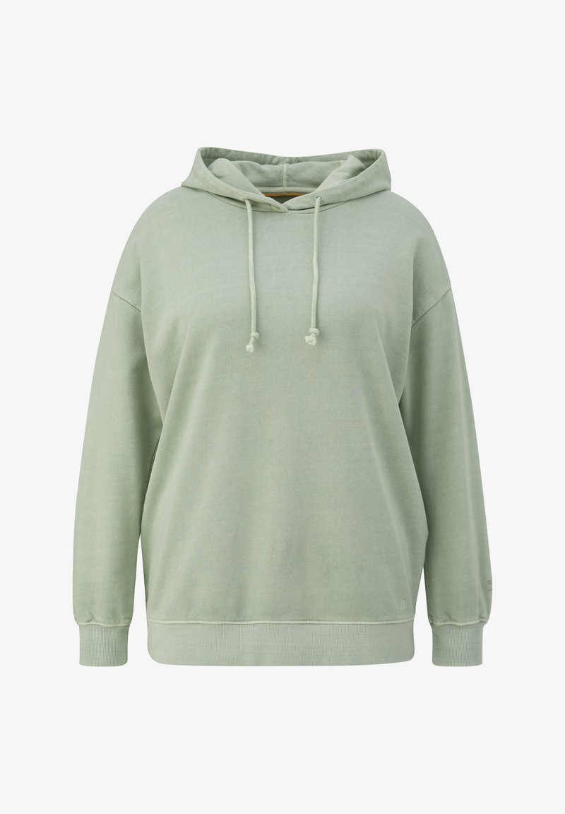 Sweatshirt à capuche vert clair en matériau doux, présentant une coupe décontractée, une poche kangourou et un cordon de serrage ajustable à la capuche.