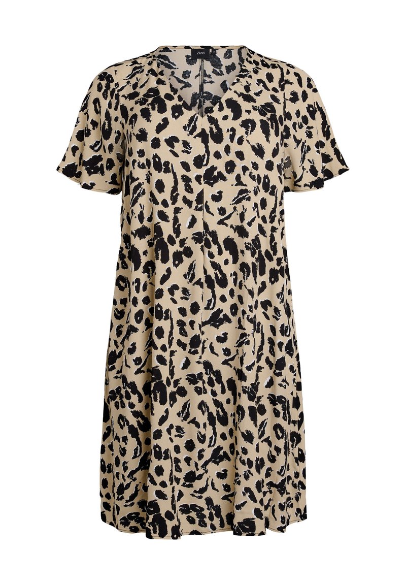 Leopardenmuster-Kleid mit beigem Hintergrund und schwarzen Flecken, kurzen Ärmeln, V-Ausschnitt und einer lässigen, A-Linien-Silhouette.