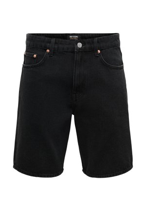 Short en jean noir avec bouton et fermeture éclair à l'avant, design à cinq poches et détails en rivets en cuivre aux poches, coupe mi-longue.