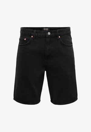 Czarne szorty dżinsowe z przodu na guzik i zamek błyskawiczny, z pięcioma kieszeniami i miedzianymi nitami przy kieszeniach, o długości do połowy uda.