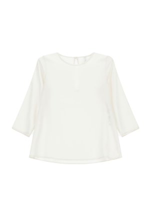 Top bianco a tre quarti realizzato in tessuto morbido, con scollatura rotonda e una chiusura sul retro discreta. Design semplice e fluido.