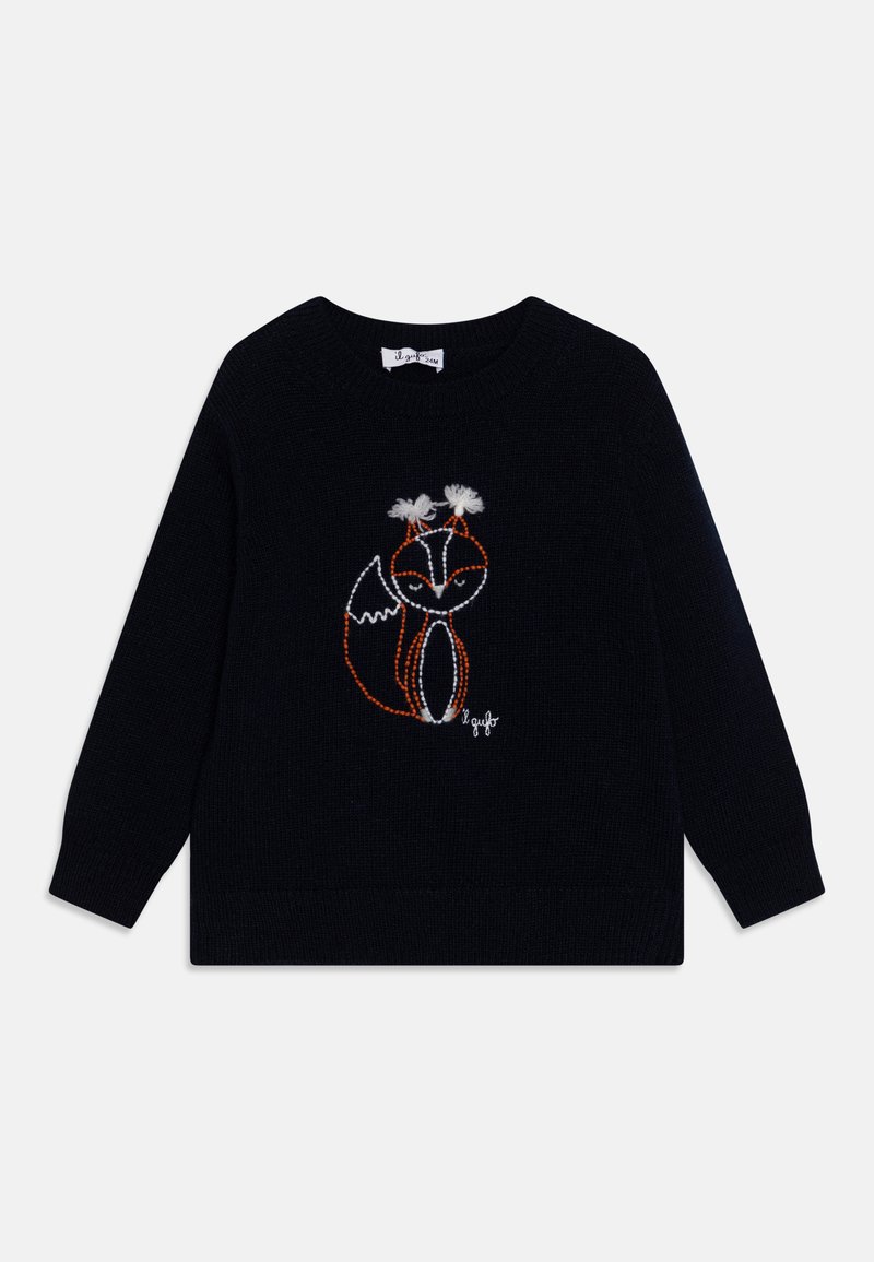 Sweater preto em malha com decote redondo, apresentando um design de raposa bordado em laranja, branco e preto, acompanhado de uma assinatura divertida.