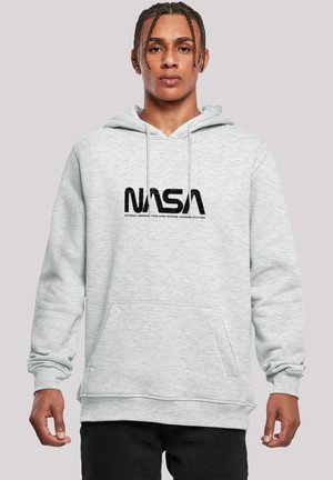 Light grey hoodie featuring a kangaroo pocket, ribbed cuffs, and a NASA logo in black. Cotton blend fabric with a soft texture.
