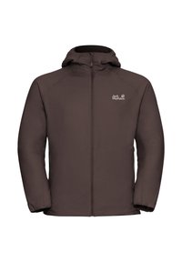 Veste isolante marron avec fermeture éclair à l'avant, capuche et poignets élastiques. Présente un logo sur la poitrine gauche. Texture de tissu lisse.