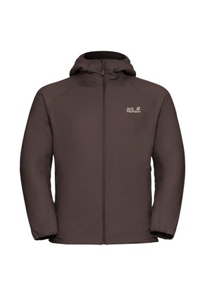 Bruine geïsoleerde jas met een ritssluiting aan de voorkant, capuchon en elastische manchetten. Bevat een logo op de linkerborst. Glad stofoppervlak.