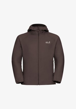 Bruine geïsoleerde jas met een ritssluiting aan de voorkant, capuchon en elastische manchetten. Bevat een logo op de linkerborst. Glad stofoppervlak.